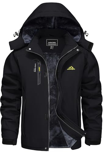 KEFITEVD Snowboardjacka för män, varmfodrad skidjacka, vattentät softshelljacka med huva, fleece, vinterjacka som andas, funktionell jacka, Svart – ny, 3XL