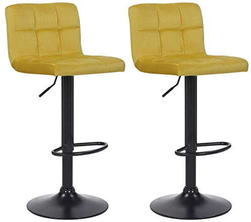 CLP 2er Set Barhocker Feni Samt, höhenverstellbar mit Fußstütze, Lehne & Metallgestell, belastbar bis 150 kg | Farbe gelb