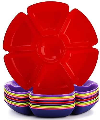 AVLA Lot de 12 plateaux de service en plastique pour encas, 12 pouces Plateaux de service incassables divisés pour chips et trempettes, Plateau de service rond à 7 compartiments multifonctionnel pour