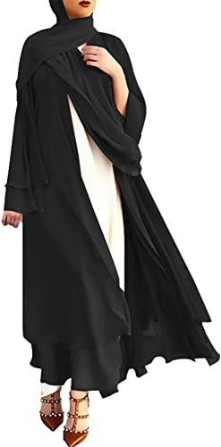 IWEMEK Strickjacke Frauen Muslimische Cardigan Lange Maxikleid Passform Langarm Kaftan Damen Burka Abaya Islamic Dubai Arabisch Kleider Gebetskleid Gebetskleidung #A: Schwarz S