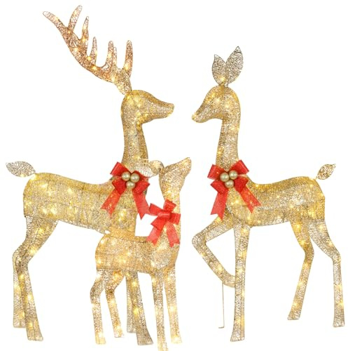 Beleuchtete Weihnachtsdekoration Hirsch 3 Stück, HOYECHI Beleuchtete Weihnachtsdekoration Rentier Familie Set für Innen Außen Vorgarten Veranda mit LED, Stecker, Verlängerungskabel, Bodenpfähle-Gold