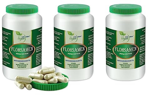 VITA IDEAL Vegan® FLOHSAMEN - Schalen 3x 360 KAPSELN - Plantago indica - Floh - Samen - Schalen - Tagesportion 1100mg FLOHSAMENSCHALEN reines Pulver. Naatürlich, pflanzlich & ohne Zusatzstoffe.