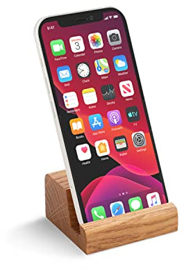 Rikmani Handy Halterung Handyständer iPhone Halter Holz Standhalter Universal Smartphone Halter Ständer - Tisch Stand Dock in Eiche-Holz Massivholz (Handy Eiche Hell)
