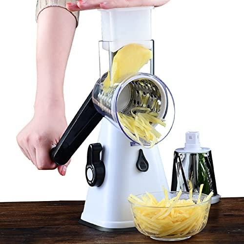 Máquina multifuncional de corte de verduras y frutas, rallador de queso de tambor giratorio con 3 cuchillas giratorias de acero inoxidable, cortador de fresado manual seguro