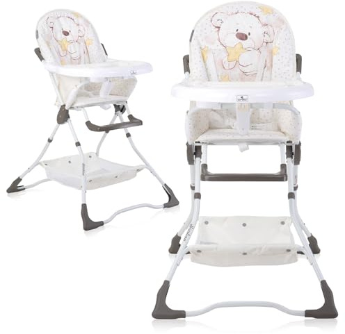 Lorelli Kinderhochstuhl klappbar, Kinderstuhl Bonbon, Hochstuhl für Babys, sicherer und bequemer Babyhochstuhl mit Doppeltablett und Aufbewahrungskorb, weiß-beige
