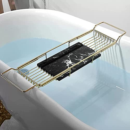TONONE Badewannenablage Edelstahl Badewanne Caddy, Erweiterbar Marmor Edelstahl Badewannenablage für Telefon Tablet Wein Buch Anti Rutsch 68-90cm Einstellbar Gold