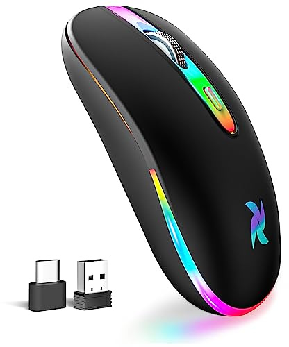 HZD LED Wireless Mouse, Slim Silent Rechargeable Mouse, 2.4G Portable USB Optical Mouse with Type C Adapter, 3 Adjustable DPI Levels 1600/1200/800 Computer Mouse for Laptop,PC,MacBook,Notebook