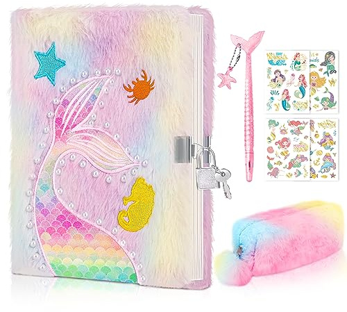 homicozy Tagebuch Mädchen mit Schloss, 4er Set Meerjungfrau Geheimes Plüsch Notizbuch, 160 Liniertes A5 Privates Tagebuch mit Federmäppchen & Stift, Ostern Geschenke für Kinder 6-12 Jahre