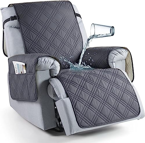 LINGKY Sesselschoner für Fernsehsessel, 100% Wasserdicht 1 Sitzer Sesselschoner, Anti-Rutsch Sesselauflage Relax mit Taschen Waschbar Sessel Überwürf Sesselbezug (Dunkelgrau,Großer 1-Sitzer)