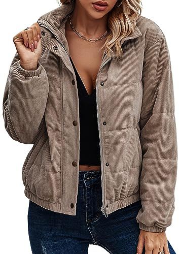 ASOMI Jacke Damen Winter Herbst Cordjacke Fleecejacke Causal Langarm Übergangsjacke Mode Mantel Reißverschluss Steppjacke Outwear mit Tasche 404 Hellkamelhaar 40