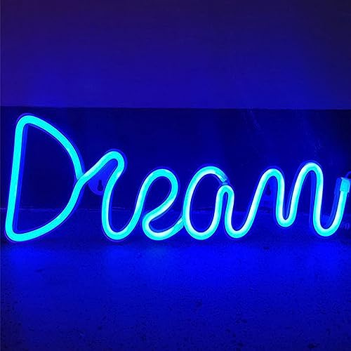 Creperture Dream Neonschild, 39 x 13,5 cm LED Wand Dekor Traumlicht Neon Nachtlichter USB-betrieben Buchstaben Schilder, Licht Dekoration für Schlafzimmer, Zuhause, Bar, Geschäft, Hochzeit, Blau