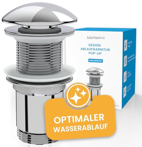 Bächlein Design Ablaufgarnitur ohne Überlauf (Chrom) - Pop Up Ventil aus Messing mit innovativer Kappenform gegen Wasserflecken Kalkränder
