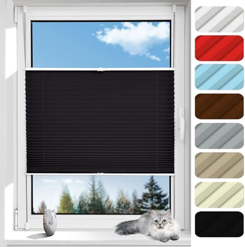 Plissee ohne Bohren Plissees Klemmfix 90 x 130 cm Schallschutz Sicht- und Sonnenschutz lichtundurchlässig Plisseerollo, inkl Befestigungsmaterial, für Schlafzimmer Badezimmer, Schwarz