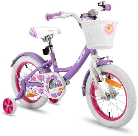 HILAND 12/14/16 Zoll Mädchenfahrrad, Kinderfahrrad mit Korb und Stützrädern, Fahrrad für Mädchen, Rosa/Lila/Weiß