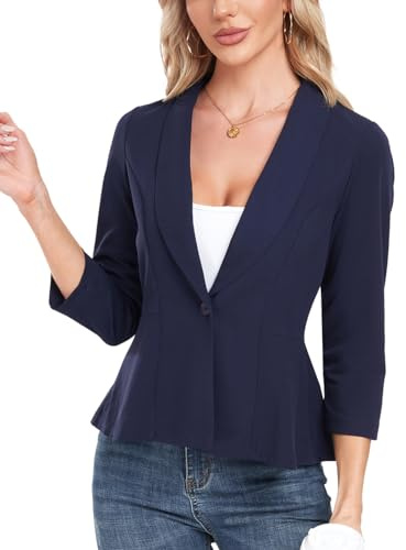 MINTLIMIT Blazers for Women Business Casual Open Front 3/4 Sleeve Blazer Ruffle Hem Work Office Jackets for Ladies Navy Blue