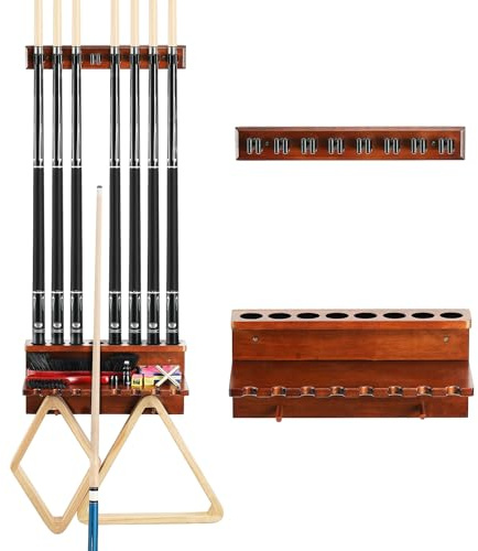 EXTCCT Wall Mount Pool Stick Holder - Billiards Pool Cue Rack Hardwood Pool Cue Set Holder for 6 Cues Sticks Storage Pool Table Accessories Equipment Organizer (Brown 8 Cues)