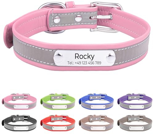 Reflektierend Halsband für Hunde aus Leder Personalisierte Hundehalsband mit Namen Gravur Rosa Halsband mit Namenschild für Welpen Katze, Hundehalsbänder XS