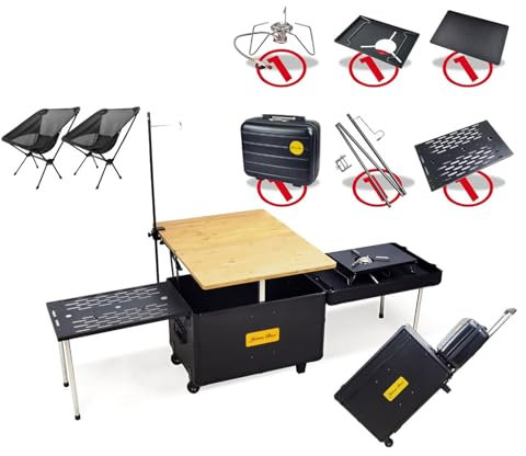 KGDJBGSE Camping-Kochset, Camp-Küchenbox mit Herd, Campingtische mit 4 Rollen, Camping-Küchenset, Outdoor-Kochtisch für 2–4 Personen