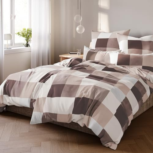 Pure Label Karierte Bettwäsche 4teilig 135x200 cm mit einem 2er Set Kissenbezüge 40x80 cm - Traumhaft weiches Bettwäsche-Sets 135 x 200 cm in braun aus 100% Baumwolle mit YKK Reißverschluss