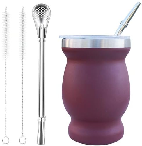 Beruth Bombilla Yerba Mate – Tasse à thé en acier inoxydable de 237 ml avec couvercle multifonctionnel, deux pailles et brosses de nettoyage, tasse à café à double paroi, isolation thermique,
