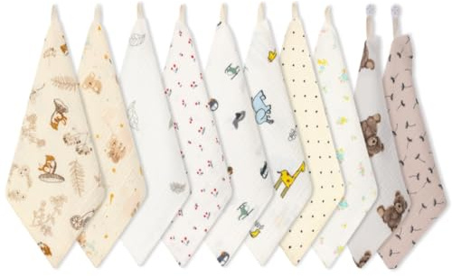 Norinori Musselin Waschlappen - 10 Stück Neugeborene Musselintücher aus 100% Weicher Baumwolle - Mehrzweck Baby Gesichtstüche 25x25 cm - Kinder Badetuch für Jungen und Mädchen