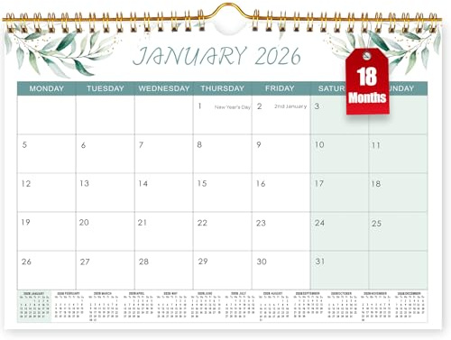 18-Monatskalender 2024 uk, A4 Wandkalender 2024/25, Monatskalender 2024 UK Familienplaner Monatsansicht von Juli 2024 - Dez.2025, Kalender 2024 für Büro Küche - Doppeltes grünes Blatt
