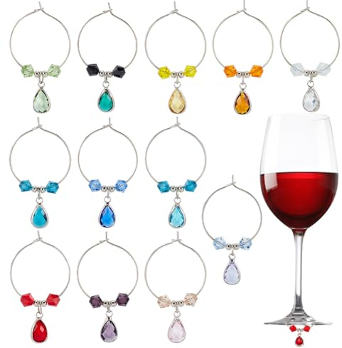 AHANDMAKER 12 Stück Weinglas Charms Sets gemischte Farbe Perlen Wein Charme Weinglas Marker mit Messing Ringe für Cocktail Champagner Hochzeit Abendessen Party Gunst