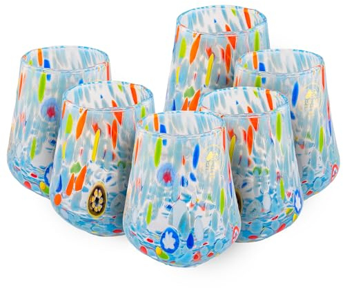 MurArt Murano Lot de 6 verres de 300 ml en verre soufflé à la main fabriqués à la main, fabriqués en Italie B8 (Azurro, verres à eau 6 pièces)