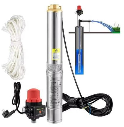 Langjiee Bomba Sumergible para Pozo Profundo 750w 230v/50hz 105l/min Cable De 20 M Y Presostato Automático 8,9 Cm Acero Inoxidable