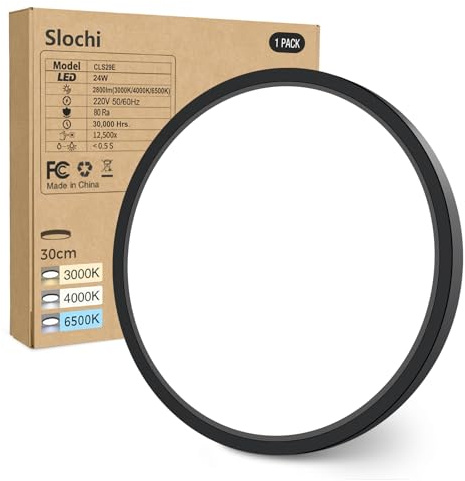 slochi Deckenlampe LED Deckenleuchte Flach, Ø30CM 3Farben 24W Schwarz
