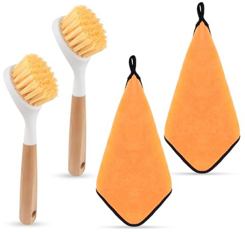 Artmitz 4Pcs Dish Brush and Cleaning Cloths Set, Wood Handle Dish Brush, Microfibre Cleaning Cloths for Pans, Pots, Kitchen Sink Cleaning