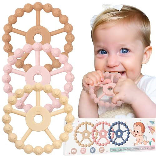 3 Stück Beissring Baby, Silikon Beißring Baby Spielzeug, Ruder Beißspielzeug Kühlend, Greifling, Zahnen Hilfe, Geschenk Junge Mädchen ab 6 9 Monate, 0-12, 12-24, Babys Zubehör-Weiß Rosa Kaffee