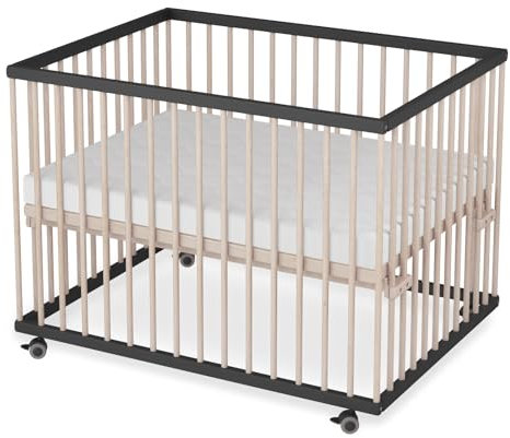 Sämann Laufstall Baby mit Matratze SleepPlus, Lattenrost und Schlupfsprossen | stufenlos höhenverstellbar | Laufgitter Premium | Babybett aus Holz | Krabbelgitter (schwarz/natur, 75x100 cm)