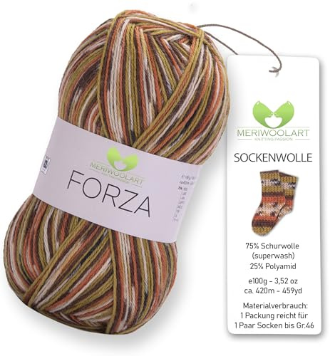 MeriWoolArt® Sockenwolle 4-fädig – 100g Merino Wolle Garn zum Stricken & Häkeln, 75% Schurwolle (superwash), 25% Polyamid, 420m – Ideal für Socken für Herren und Damen, Pullover & Cardigans 2511