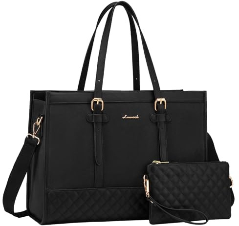 LOVEVOOK Laptop Bags for Women 15.6 Inch, Ladies Handbags for Work Business, Womens Large Tote Bag, Leather Shoulder Bag with Clutch Lightweight for Office Business School College Shopping, Black