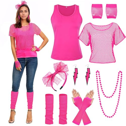 BITOYO Disfraz Años 80 Mujer, Camiseta Rejilla, Chaleco, Diadema, Guantes de Malla, Calentadores de Piernas, Halskette, Ohrring, Disfraz años 80 Ropa Accesorios para Carnaval Fiestas Neon (L)