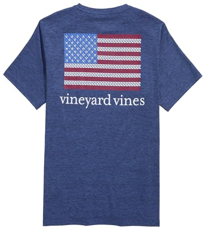 Vineyard Vines Men's American Flag Whales Short Sleeve Harbor Performance Tee Nautical Navy Heather Medium, Nautical Navy Heather, M