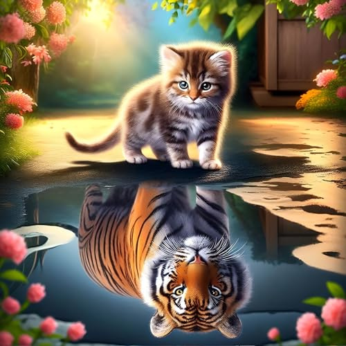 GDYEEH Katze und Tiger Diamond Painting Erwachsene, 5D Spiegelung Diamant Kunst Bilder Anfänger, DIY Fantasie Runder Vollbohrer Diamanten Malerei Stickerei Kreuzstich Geschenke Home Wand Dekor 30x30cm