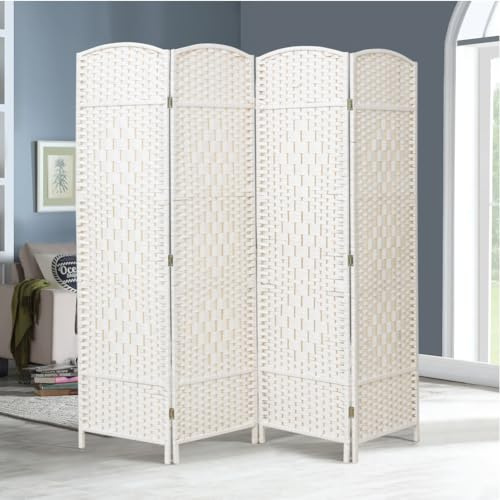 Warmiehomy Room Divider Free Standing Privacy Screen 160cm(L) x 170cm(H) White Wicker Folding Room Screen for Home Living Room Bedroom Office Lobby, Block the View to Protect Privacy, 4 Panel