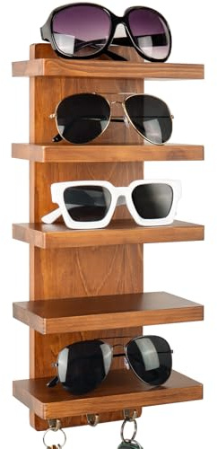 Waratah Designs Sunglasses Organizer, Wall Mounted 5-Tier Wood Eyeglasses and Sunglass Holder Rack, Eyewear Storage Display Shelf with Key Hooks for Entryway, Living Room, or Retail Showcase