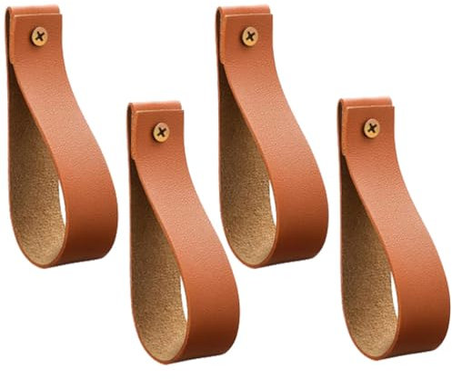 4 Pcs Leather Strap Hooks Wall Mounted, Curtain Rod Holders, Multi-Functional for Bathroom, Kitchen, Bedroom, Brown