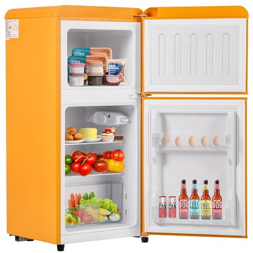 Ymkua Frigorifero Combinato 60 L (22+38), Frigorifero Piccolo, Mini Frigo Bar con LED luce e Ripiani Rimovibili, 88,8x45,5 cm Frigo Da Camera, -27°C ∽ 13°C Freezer Separato, 102 kWh/anno (Yellow)