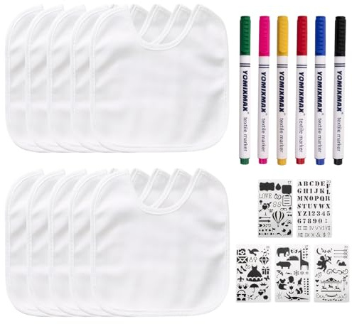 Rbleote Lätzchen Bemalen Babyparty 10 Stück Baby Lätzchen zum Bemalen,6 Textilmarker und 5 Malvorlagen für Kreative Baby Party Spiele,Weich und Wasserdicht