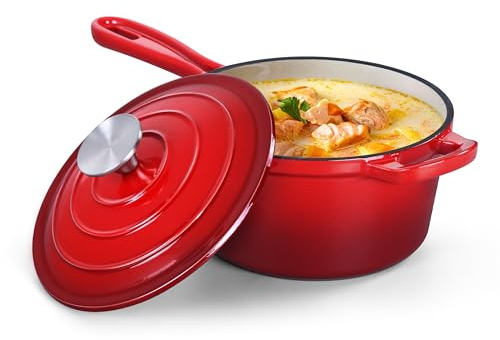 HaSteeL 3 QT Cast Iron Saucepan, Enamel dutch oven with lid, Small Non Stick Pan for Milk, Pasta Tomato Sauce, Butter, Breakfast, Soup, Suitable for Boiling Stewing Frying, Easy to Clean, Red