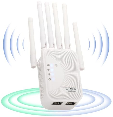 Repetidor WiFi de 1200Mbps, Amplificador de Señal Doble Banda 2,4GHz y 5GHz, 6 Antenas, Cobertura de 360°