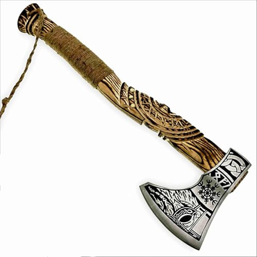 Wikinger-Axt aus kohlenstoffreichem Stahl – Handgeschmiedete Jagdaxt mit Eschenholzgriff, Wikinger-Bartaxt für Outdoor und Camping, Spaltaxt, echtes Geschenk für Weihnachten oder Geburtstag,