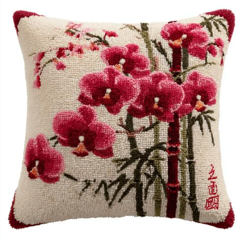 Funda de cojín de nudos DIY de 43 x 43 cm con juego de ganchos de latch, juego de anudados para principiantes y profesionales (niños y adultos), cojín decorativo hecho a mano, Phalaenopsis