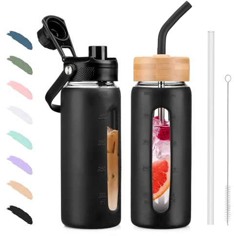 BLUEGO Borraccia in vetro da 600ml con cannuccia e 2 coperchi, tazza da caffè in vetro con custodia in silicone, senza BPA, Nero