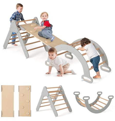GOPLUS Kletterdreieck Indoor, 4 in 1 Klettergerüst mit Kletterbogen, Leiter, Rutsche, doppelseitige Rampe, Sprossendreieck zum Klettern, Rutschen & Wippen, Kletterdreieck für Kleinkinder, Grau