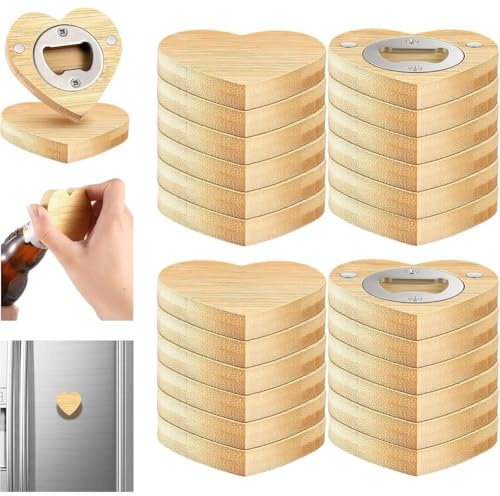 Muuookka 24 Pièces de Décapsuleurs Magnétiques en Forme de Cœur en Bambou de 2,5 Pouces, Décapsuleurs en Bois DIY, Aimants de Réfrigérateur, Cadeaux.